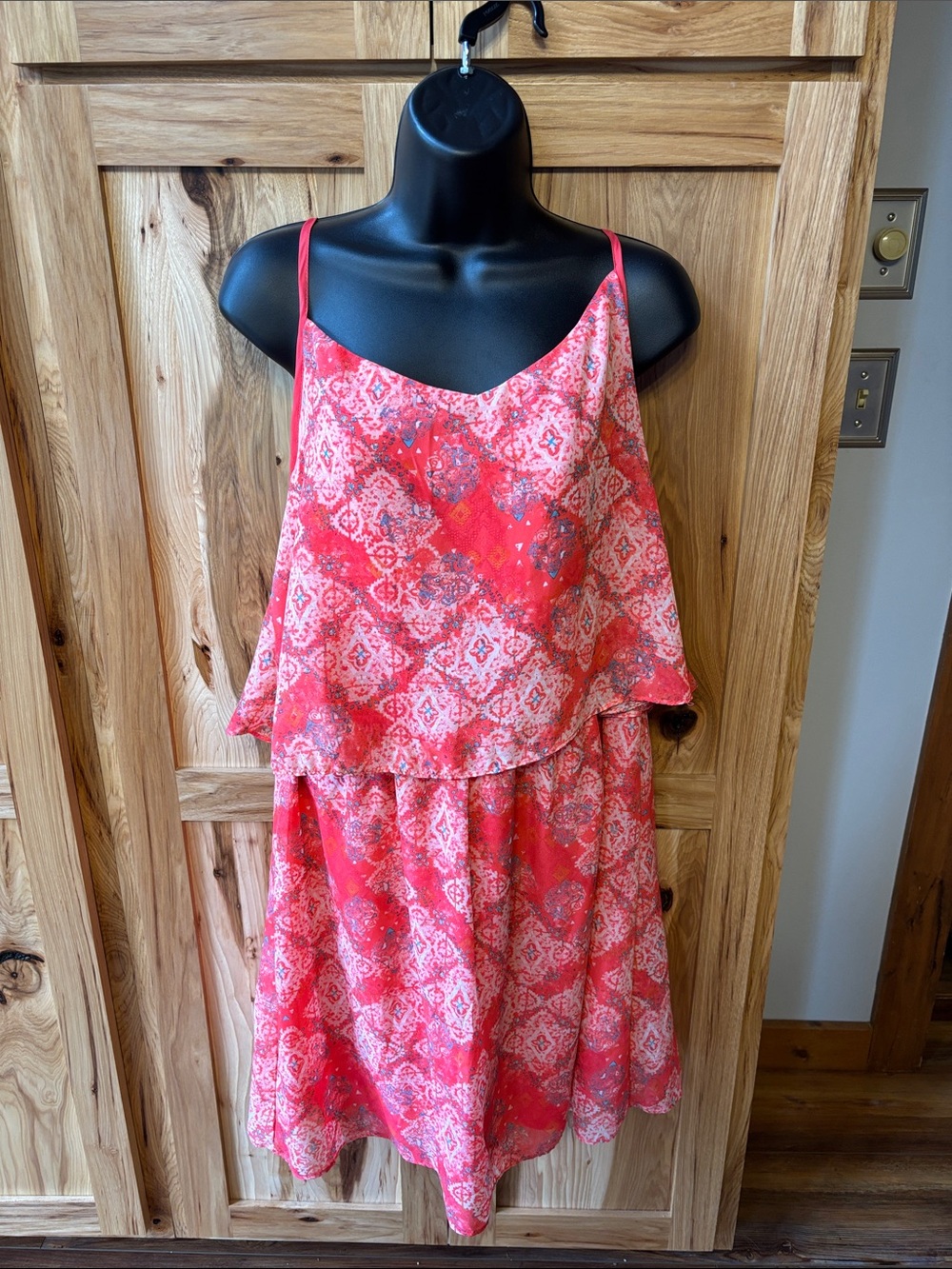No Boundaries Coral & Pink Printed Spaghetti Strap Mini Dress
